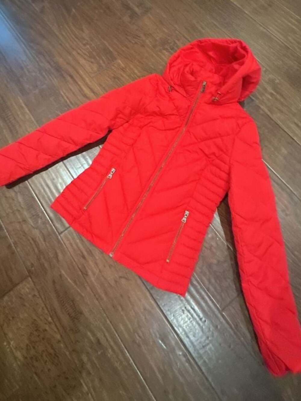 Express Red Chevron Quilted Hooded Puffer Jacket